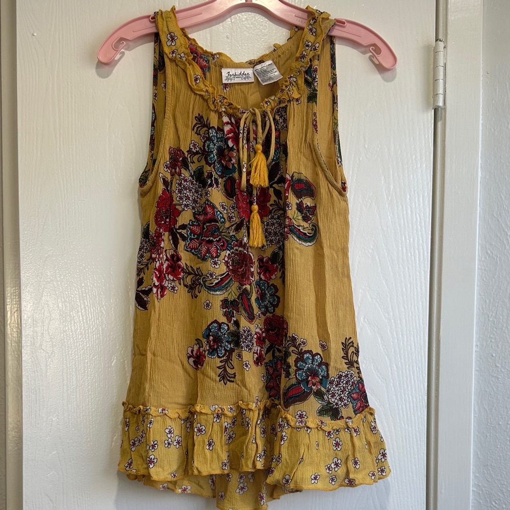 Floral Yellow Sleeveless Top with Tassel Tie